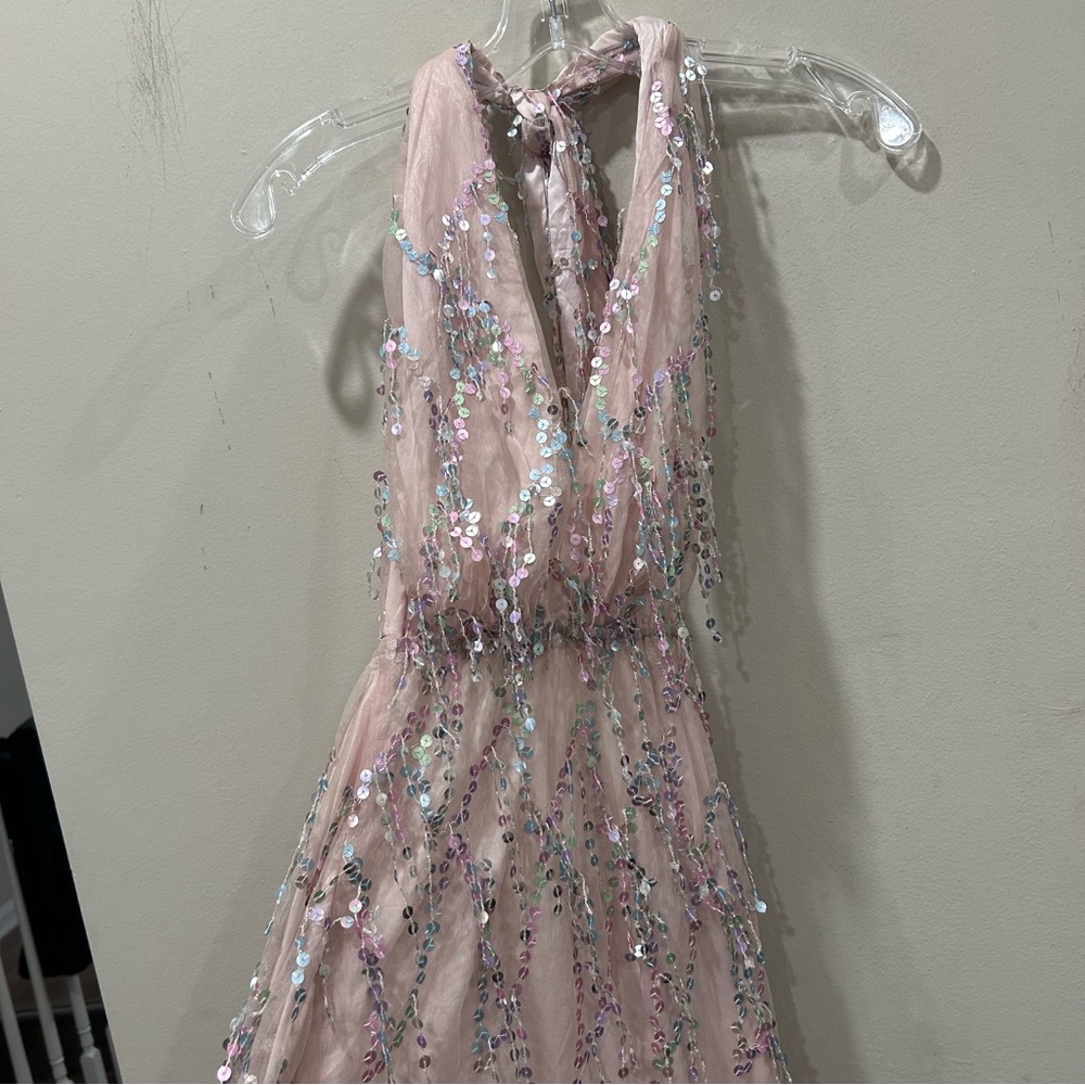 L’atiste Pink Sequin tassel backless Halter maxi ferry Dress. Size M